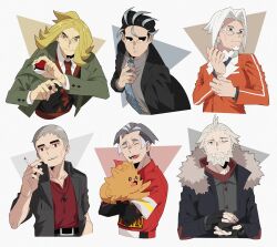  6+boys adjusting_clothes adjusting_necktie arm_up beard belt black_belt black_coat black_hair black_jacket black_shirt blonde_hair blue_necktie brown_eyes buttoned_cuffs buttons cigarette clavell_(pokemon) closed_eyes closed_mouth coat collarbone collared_shirt commentary_request cropped_torso facial_hair fur-trimmed_hood fur_trim glasses gloves goatee green_jacket grey_eyes grey_hair grey_shirt hair_slicked_back hassel_(pokemon) holding holding_cigarette holding_poke_ball holding_pokemon hood jacket jewelry kabu_(pokemon) lapels larry_(pokemon) layered_sleeves long_hair long_sleeves looking_to_the_side lysandre_(pokemon) male_focus mature_male multicolored_hair multiple_boys nanu_(pokemon) necklace necktie notched_lapels one_eye_closed open_mouth parted_hair partially_fingerless_gloves poke_ball poke_ball_(basic) pokemon pokemon_(creature) pokemon_legends:_z-a pokemon_sm pokemon_sv pokemon_swsh ponytail red_jacket red_shirt red_vest saikei shirt shirt_tucked_in short_over_long_sleeves short_sleeves sideways_glance smile streaked_hair thick_eyebrows vertical-striped_sleeves vest white-framed_eyewear white_background white_fur white_hair white_shirt wing_collar wrinkled_skin 