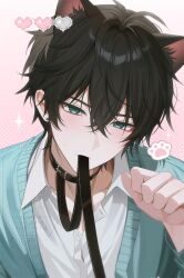  1boy absurdres animal_ears aqua_cardigan aqua_eyes aqua_jacket black_collar black_hair cardigan cat_boy cat_ears collar dan_heng_(honkai:_star_rail) hair_between_eyes heart highres honkai:_star_rail honkai_(series) jacket male_focus mouth_hold nyamnyam_(ny_am_030) open_clothes open_jacket pixel_heart shirt short_hair solo white_shirt 