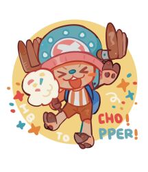  >_< 1boy antlers arm_up blush_stickers character_name circle commentary_request cotton_candy cross food full_body hat highres holding holding_cotton_candy holding_food horns male_focus one_piece reindeer_antlers shirt shorts solo sparkle striped_clothes striped_shirt tony_tony_chopper vertical-striped_clothes vertical-striped_shirt wuzhou0306 