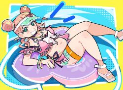  1girl bang_dream! bang_dream!_girls_band_party! belly bikini blush bourbunbun bow green_eyes hair_bun highres innertube open_mouth pink_bikini pink_hair sandals skirt smile swim_ring swimsuit uehara_himari visor_cap water white_bow white_sandals 
