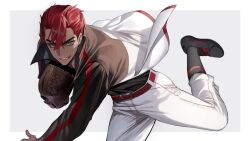  1boy baseball baseball_jersey baseball_mitt belt black_shoes black_sleeves black_socks border brown_eyes chap_yun commentary dynamic_pose grey_background grin highres holding jacket jersey leaning_forward looking_at_viewer male_focus multicolored_jacket original pants pitching red_belt red_hair shoelaces shoes short_hair simple_background smile socks spiky_hair sweat sweatdrop two-tone_jacket white_pants 