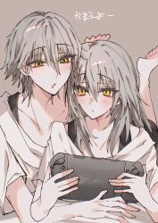  1boy 1girl bare_shoulders barefoot black_skirt blush caelus_(honkai:_star_rail) closed_mouth collarbone commentary_request dual_persona eyelashes full_body grey_background grey_hair hair_between_eyes handheld_game_console hands_up hetero highres holding holding_handheld_game_console honkai:_star_rail honkai_(series) kinona legs_up long_hair looking_at_another looking_down lying miniskirt off-shoulder_shirt off_shoulder on_bed on_stomach open_mouth playing_games playing_video_games selfcest shirt short_hair short_sleeves sidelocks simple_background skirt stelle_(honkai:_star_rail) t-shirt trailblazer_(honkai:_star_rail) upper_body white_shirt yellow_eyes 
