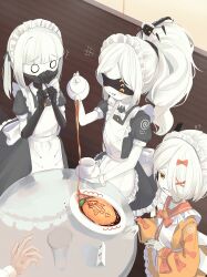  3girls absurdres alternate_costume alternate_hairstyle black_mask blindfold blue_archive blush colored_skin covered_eyes cup ein_(blue_archive) enmaided food hair_over_one_eye highres holding holding_teapot long_hair long_sleeves maid mask multiple_girls ohr_(blue_archive) omelet pouring respirator short_hair sof_(blue_archive) symbol-shaped_pupils teacup teapot triplets twintails unso_(exxxxit) white_hair white_skin x-shaped_pupils yellow_eyes 