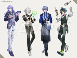  4boys :d ahoge apron bartender black_apron black_gloves black_hair black_pants black_shirt black_shoes black_vest blue_eyes blue_hair blue_shirt blue_streaks bottle boutonniere bow bowtie closed_mouth cocktail cocktail_glass cocktail_shaker collared_shirt copyright_notice cross-laced_shoes cross_tie crossed_bangs cuff_links cup dress drinking_glass dytica_(nijisanji) earrings full_body gloves green_eyes green_hair green_pants green_ribbon green_socks green_streaks green_vest grey_dress grey_hair hair_between_eyes hair_ornament hairclip half_gloves hand_up heterochromia holding holding_bottle holding_cocktail_shaker holding_cup hoshirube_sho inami_rai index_finger_raised jewelry juggling koyanagi_rou lapel_pin lapels lineup long_hair long_sleeves looking_at_viewer male_focus mixing_glass multicolored_eyes multicolored_hair multiple_boys murakumo_kagetsu neck_ribbon necklace necktie nijisanji notched_lapels official_art oxfords pants pinstripe_pants pinstripe_pattern pinstripe_vest pouring purple_hair purple_shoes purple_vest red_bow red_bowtie ribbon sample_watermark shirt shoes short_hair simple_background single_earring sleeve_garter sleeves_rolled_up smile socks standing streaked_hair tailcoat thigh_strap towel towel_on_arm traditional_bowtie two-tone_eyes ueauwa vest violet_eyes virtual_youtuber waist_apron waiter wallet_chain watermark white_background white_gloves white_hair white_necktie white_pants white_shirt white_shoes white_vest wine_bottle 