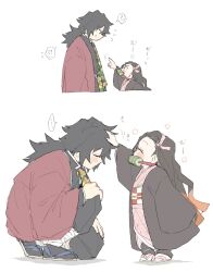  !? ... 1boy 1girl ? belt black_hair black_haori black_jacket black_pants black_socks blue_eyes buttons commentary_request full_body gold_buttons hair_between_eyes haori headpat highres jacket japanese_clothes kamado_nezuko kikkoumon kimetsu_no_yaiba kimono kneeling long_hair low_ponytail mn_mnx0 pants pink_kimono ponytail print_haori profile red_haori simple_background socks spiky_hair spoken_ellipsis spoken_question_mark standing tomioka_giyuu white_background white_belt white_socks 