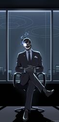 1boy artist_name black_fire black_gloves black_jacket black_necktie black_pants black_shoes black_skin black_suit_(blue_archive) blue_archive blue_sky business_suit chair city_lights colored_skin commentary_request cracked_skin crossed_legs dress_shirt fire gloves glowing glowing_eye highres indoors jacket looking_at_viewer male_focus minokurage napkin necktie night office_chair on_chair one-eyed own_hands_clasped own_hands_together pants ring_of_light_(blue_archive) shirt shoes sitting sky skyline smile solo straight-on suit suit_jacket suit_pants swivel_chair twitter_username white_shirt window 