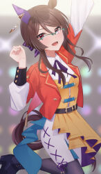  1girl absurdres animal_ears arm_up black_pantyhose blush breasts brown_hair capelet commentary_request corset ear_covers glasses green-framed_eyewear highres horse_ears horse_girl horse_tail jacket long_hair long_sleeves looking_at_viewer open_mouth orange_capelet orange_jacket over-rim_eyewear pantyhose purple_ribbon ribbon royce_and_royce_(inspiring_genius)_(umamusume) royce_and_royce_(umamusume) semi-rimless_eyewear shirt shoes single_ear_cover skirt smile solo tail umamusume white_shirt white_skirt yellow_corset yu_sakae 