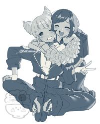  2girls ^_^ backpack bag belt cheek-to-cheek closed_eyes collared_shirt commentary_request cone_hair_bun double_bun frilled_shirt frilled_sleeves frills fukurai_azami full_body gloves grin hair_bun hand_on_own_knee heads_together highres hood hood_down hug hug_from_behind jasmine_(toshi_densetsu_kaitai_center) jumpsuit knees_apart_feet_together limited_palette long_sleeves multiple_girls one_eye_closed open_mouth partially_fingerless_gloves raru_buran shirt shoes short_hair sitting smile sneakers toshi_densetsu_kaitai_center v white_background 