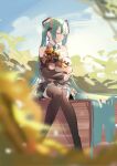  absurdly_long_hair aqua_hair aqua_skirt bangs bare_shoulders black_legwear black_skirt black_sleeves blue_sky blurry blurry_foreground bouquet chinese_commentary closed_eyes collared_shirt commentary_request day detached_sleeves flower full_body hair_between_eyes hatsune_miku jiuyesang knees_together_feet_apart long_hair long_sleeves object_hug shirt sitting skirt sky sleeveless sleeveless_shirt sleeves_past_wrists smile thigh-highs twintails two-tone_skirt very_long_hair vocaloid 