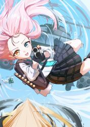  1girl :d black_gloves black_skirt blue_archive blue_eyes blue_necktie collared_shirt commentary fingerless_gloves forehead gloves gun heterochromia highres holding holding_gun holding_weapon hoshino_(armed)_(blue_archive) hoshino_(blue_archive) kumakono necktie open_mouth pink_hair plaid_clothes plaid_skirt pleated_skirt shirt shotgun skirt smile solo weapon white_shirt yellow_eyes 