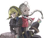  2girls ahoge back-to-back bangs belt black_legwear blonde_hair boots braid breasts buttons capelet choker commission commissioner_upload constance_von_nuvelle dress fire_emblem fire_emblem:_three_houses fire_emblem_fates fire_emblem_heroes frilled_dress frills garreg_mach_monastery_uniform hairband highres holding_orb hood hood_down hooded_capelet long_hair looking_at_viewer mariirasuto7 medium_breasts medium_hair multicolored_hair multiple_girls nina_(fire_emblem) non-web_source orb parted_bangs purple_hair purple_hairband red_hood scarf sitting smile turtleneck twin_braids two-tone_hair white_background white_hair white_hairband 