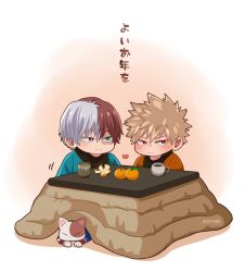  2boys bakugou_katsuki blonde_hair blue_eyes blush boku_no_hero_academia brown_eyes burn_scar cat commentary_request cup food fruit heart heterochromia highres kotatsu looking_to_the_side male_focus mandarin_orange multicolored_cat multicolored_hair multiple_boys red_eyes red_hair salt_-_siomsb scar scar_on_face sideways_glance sitting spiky_hair split-color_hair table teacup todoroki_shoto translation_request under_kotatsu under_table white_hair 