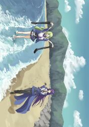  2girls :d arms_up assault_lily bare_legs beach belt black_belt black_boots black_gloves black_necktie black_pantyhose black_shirt blue_eyes blue_jacket blue_sailor_collar blue_skirt blush boots butterfly_hair_ornament clouds commentary_request crop_top day detached_collar epaulettes footprints full_body funada_kiito gloves green_eyes green_hair hair_ornament hairclip hand_on_own_elbow hands_up highres holding holding_boots holding_unworn_clothes jacket kawabata_hotaru knee_boots long_hair long_sleeves looking_at_another looking_to_the_side miniskirt multiple_girls neckerchief necktie odaiba_girls_high_school_uniform off_shoulder open_clothes open_jacket open_mouth outdoors outstretched_arms pantyhose parallel_hairclips partially_fingerless_gloves pleated_skirt purple_hair purple_neckerchief sailor_collar school_uniform serafuku shirt short_sleeves sideways sideways_glance skirt sleeveless sleeveless_shirt smile thigh_boots undershirt unworn_boots very_long_hair wading waist_cape walking washi-san water white_shirt wrist_cuffs 