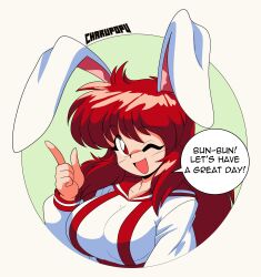  1girl :d animal_ears artist_logo breasts circle collarbone dayna_tayami_(charupopu) english_commentary faux_retro_artstyle green_background highres index_finger_raised kurocharu large_breasts logo long_hair looking_at_viewer messy_hair one_eye_closed open_mouth original rabbit_ears rabbit_girl raised_eyebrows red_hair sailor_collar sailor_shirt shirt sidelocks simple_background smile solo speech_bubble straight-on two-tone_background two-tone_shirt upper_body white_background white_shirt 
