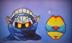  8440 blue_background blue_cape cape commentary_request faceless full_body gem kirby_(series) mask meta_knight no_humans red_gem simple_background starman_(kirby) 