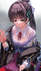  1girl black_hair black_jacket blue_jacket closed_mouth collared_shirt commentary cowboy_shot electric_fan fanning_self furrowed_brow fuuka_koji green_eyes grey_background hair_between_eyes heaven_burns_red highres holding hot jacket jacket_partially_removed long_hair long_sleeves looking_at_viewer miniskirt natsume_inori neck_ribbon open_clothes open_jacket pantyhose pleated_skirt ponytail purple_skirt red_pantyhose red_ribbon ribbon see-through_clothes see-through_shirt shirt sidelocks simple_background sitting skirt solo straight_hair sweat wet wet_clothes wet_shirt white_shirt 