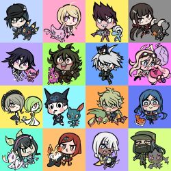  6+boys 6+girls absurdres akamatsu_kaede alternate_color amami_rantaro bagon banette chabashira_tenko chibi chibi_only danganronpa_(series) danganronpa_v3:_killing_harmony dark-skinned_female dark_skin espeon fennekin flygon gardevoir gokuhara_gonta grafaiai harukawa_maki heracross highres hoshi_ryoma houndoom impidimp iruma_miu k1-b0 kaito_(vocaloid) mienshao multiple_boys multiple_girls oma_kokichi robot rookidee saihara_shuichi shinguji_korekiyo shiny_pokemon shirogane_tsumugi sneasel suraelis tatsugiri tatsugiri_(curly) tinkaton tojo_kirumi umbreon yonaga_angie yumeno_himiko 