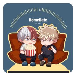  2boys arm_up bakugou_katsuki black_pants black_shirt blonde_hair blue_eyes blue_slippers blush boku_no_hero_academia border brown_eyes brown_slippers burn_scar closed_mouth commentary_request controller couch double-parted_bangs english_text food hair_between_eyes hand_on_own_knee heterochromia highres holding holding_controller holding_food holding_remote_control looking_at_another looking_to_the_side male_focus multiple_boys on_couch open_mouth pants popcorn red_eyes red_hair remote_control salt_-_siomsb scar scar_across_eye scar_on_face shirt short_sleeves sideways_glance sitting slippers smile spiky_hair todoroki_shoto twitter_username v-neck white_border white_hair white_shirt 