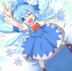  1girl ahoge arm_up blue_bow blue_dress blue_eyes blue_hair blush bow brown_footwear cirno collared_shirt coruthi detached_wings dress fairy hair_between_eyes hair_bow highres ice ice_wings one_eye_closed open_mouth puffy_short_sleeves puffy_sleeves shirt shoes short_hair short_sleeves smile snowflakes solo touhou v white_shirt wings 
