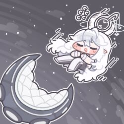  1girl ahoge black_pants blush_stickers chibi chibi_only closed_eyes commentary_request double-parted_bangs drooling ed_(trickcal) full_body grey_background hair_between_eyes highres korean_commentary long_hair long_sleeves monyami mouth_drool open_mouth pants pointy_ears shirt solo star_(sky) starry_sky_background trickcal two-tone_pants very_long_hair white_hair white_pants white_shirt 