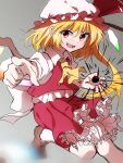  1girl :d ascot bangs blonde_hair brown_footwear crystal flandre_scarlet gradient gradient_background grey_background hat hat_ribbon highres leg_up looking_at_viewer mob_cap one_side_up open_mouth red_eyes red_ribbon red_skirt red_vest ribbon shinmon_akika shirt short_sleeves skirt smile solo teeth touhou upper_teeth v-shaped_eyebrows vest white_headwear white_shirt wings yellow_ascot 