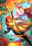  absurdres animal_ear_fluff animal_ears animal_nose black_fur blurry blush braixen burning clouds cloudy_sky combee day depth_of_field digitigrade fang fire foliage fox_ears full_body furry highres holding holding_stick leaf looking_at_viewer midair multicolored_fur open_mouth orange_eyes outdoors pokemon pokemon_(creature) red_fur red_nose ririri_(user_rkrv7838) sideways_mouth skin_fang sky slit_pupils smile solo_focus stick tree tsurime white_fur yellow_fur 