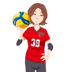  1girl asken ball blush breasts brown_hair closed_eyes commentary_request cowboy_shot elbow_pads forehead grey_pants hand_on_own_hip hand_up highres holding holding_ball miki_(asken) official_art open_mouth pants parted_bangs red_shirt shirt short_hair short_sleeves simple_background smile solo sportswear standing suntory volleyball volleyball_(object) volleyball_uniform wavy_hair white_background 