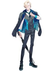  1boy adjusting_clothes adjusting_necktie black_pants black_shoes black_vest blonde_hair dairoku_ryouhei full_body grey_eyes hair_over_one_eye holding holding_umbrella jacket jacket_on_shoulders jakes_liar male_focus necktie osimaru pants shirt shoes transparent_background umbrella vest white_shirt 