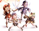  4girls absurdres ahoge aiming animal_ear_fluff animal_ears animal_print armguards arrow_(projectile) backpack bag bangs bangs_pinned_back bead_necklace beads black_gloves black_scarf black_shorts blunt_bangs book boots bow_(weapon) braid brown_footwear brown_gloves brown_scarf cabbie_hat cape cat_ears cat_girl cat_print cat_tail chinese_clothes claymore_(sword) clover_print coat coin_hair_ornament commentary_request detached_sleeves diona_(genshin_impact) dodoco_(genshin_impact) fighting_stance fingerless_gloves floating floating_object forehead full_body genshin_impact gloves greatsword green_eyes grey_hair hair_between_eyes hair_ornament hair_ribbon hat hat_feather hat_ornament highres holding holding_arrow holding_bow_(weapon) holding_sword holding_weapon japanese_clothes jewelry jiangshi klee_(genshin_impact) knee_boots kneehighs kuji-in kuma_piv leaf leaf_on_head light_brown_hair long_hair long_sleeves looking_afar looking_away low_ponytail low_twintails multiple_girls necklace ninja obi ofuda orange_eyes parted_lips paw_print pink_hair pocket pointy_ears puffy_detached_sleeves puffy_shorts puffy_sleeves purple_hair purple_shorts qing_guanmao qiqi_(genshin_impact) randoseru red_coat red_headwear ribbon sash sayu_(genshin_impact) scarf short_hair short_sleeves shorts sidelocks simple_background single_braid smile spread_legs standing standing_on_one_leg sword tail thick_eyebrows twintails violet_eyes vision_(genshin_impact) weapon white_background white_gloves white_legwear yin_yang zettai_ryouiki 