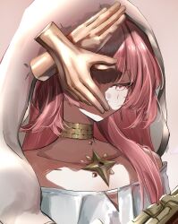  1girl ambience_synesthesia arknights commentary_request disembodied_hand gold_collar half-closed_eyes highres kei11525 lemuen_(arknights) long_hair looking_down official_alternate_costume one_eye_covered pink_eyes pink_hair solo upper_body veil white_veil 