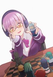  1girl absurdres anti_(ssss.gridman) borr bow bowtie breast_rest breasts breasts_on_table broken_eyewear character_doll chessboard commentary doll gridman_universe headphones hibiki_yuuta highres jacket jacket_partially_removed large_breasts long_sleeves looking_at_viewer max_(ssss.gridman) medium_hair ninestar off_shoulder open_mouth purple-framed_eyewear purple_bow purple_bowtie purple_hair purple_jacket red_eyes school_uniform shinjou_akane shirt smile solo ssss.gridman takarada_rikka tinted_eyewear utsumi_shou white_background white_shirt yellow-tinted_eyewear 