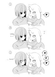  1boy 1other absurdres androgynous asriel_dreemurr blush chara_(undertale) chinese_commentary commentary_request english_text flower goat_boy goat_horns greyscale heart highres hikokisleep247 horns monochrome simple_background smile striped_clothes sweater undertale utdr_(toby_fox) white_background 