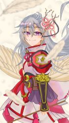 1girl armor arrow_(projectile) closed_mouth commentary_request hair_between_eyes hair_branch highres japanese_armor japanese_clothes kaguya_(rune_factory) long_hair looking_at_viewer nananohito1127 red_rope rope rune_factory rune_factory:_guardians_of_azuma smile solo violet_eyes 