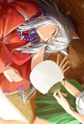  1boy 1girl animal_ears barefoot bead_necklace beads closed_eyes commentary_request dog_boy dog_ears fingernails from_above green_skirt hair_between_eyes hand_fan hand_in_own_hair highres higurashi_kagome holding holding_fan inuyasha inuyasha_(character) japanese_clothes jewelry kariginu long_hair long_sleeves necklace parted_lips pleated_skirt red_shirt school_uniform sharp_fingernails shinomono921 shirt short_sleeves sidelocks skirt sleeping tooth_necklace upper_body white_hair white_shirt wide_sleeves 