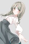  1girl black_skirt blush braid breasts brown_eyes closed_mouth collared_shirt comah dress_shirt dutch_angle grey_background grey_hair highres long_hair long_sleeves low_twintails original puffy_long_sleeves puffy_sleeves shirt simple_background skirt small_breasts smile solo twin_braids twintails white_shirt 