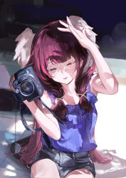  1girl absurdres alternate_costume arm_up black_shorts blunt_bangs camera closed_eyes columbina_(genshin_impact) eye_mask facing_viewer genshin_impact hair_ornament head_wings highres holding holding_camera long_hair mask multicolored_hair open_mouth see-through_clothes see-through_mask shirt short_shorts shorts sitting sleeveless sleeveless_shirt smile solo szi_f tank_top very_long_hair white_mask wing_hair_ornament wings x-shaped_eyewear 