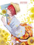  1boy blue_jacket bow bowtie character_name clothes_around_waist collared_shirt cowboy_shot dated fedora flower hair_between_eyes hand_on_headwear happy_birthday hat holding holding_flower ittoki_otoya jacket looking_at_viewer male_focus pants patterned_clothing pelee petals red_eyes redhead shirt short_hair sideways_glance smile solo suit_jacket sunflower traditional_bowtie twitter_username uta_no_prince-sama vest white_pants white_shirt yellow_bow yellow_bowtie yellow_headwear yellow_vest 