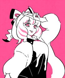  1girl bob_cut bow collared_shirt drill_hair drill_sidelocks eyelashes eyeshadow fur_jacket hair_bow hairband hand_up jacket klara_(pokemon) limited_palette looking_at_viewer makeup medium_hair mole mole_under_mouth parted_lips pink_background pink_eyes pink_eyeshadow pink_lips pink_theme pokemon pokemon_swsh print_shirt shirt sidelocks smile solo ssalbulre two-tone_shirt upper_body v v_over_head white_bow white_hairband white_jacket 