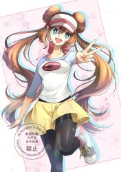  1girl black_pantyhose blue_eyes blush breasts brown_hair donut_hair_bun double_bun hair_bun hat highres long_hair looking_at_viewer open_mouth pantyhose pantyhose_under_shorts poke_ball_print pokemon pokemon_bw2 raglan_sleeves rosa_(pokemon) shirt shoes shorts smile solo teeth twintails upper_teeth_only v visor_cap yellow_shorts yomogi_(black-elf) 