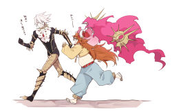  1boy 1girl armor baggy_pants belly black-framed_eyewear blue_pants choker clenched_teeth colored_skin commentary cropped_jacket earrings elephant facing_ahead fate/grand_order fate_(series) from_side full_body gem gold_choker highres holding holding_unworn_clothes jacket jewelry jinako_carigiri karna_(fate) kavacha_(fate) kundala_(fate) long_hair long_sleeves looking_at_another open_clothes open_jacket open_mouth orange_hair pants red_gem rokkasana running sandals sideways_glance spiked_choker spikes tearing_up teeth white_hair white_skin wide_sleeves yellow_jacket 