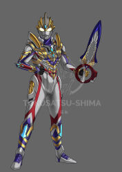  1boy absurdres alien armor chest_guard circle_arms color_timer colored_skin commentary_request compound_eyes crystal dorsal_fin forehead_jewel giant giant_male glowing glowing_eyes gold_vambraces highres holding holding_sword holding_weapon looking_at_viewer male_focus multicolored_skin original pectorals purple_skin red_skin silver_skin solo studded_armor sword tokusatsu tokusatsushima ultra_series ultraman_trigger ultraman_trigger_(series) weapon yellow_eyes 