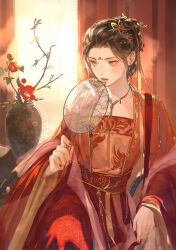  1girl animal_print belt bird_print brown_hair chinese_clothes closed_mouth commentary dress earrings english_commentary floral_print flower flower_hairpin gem gold grey_eyes hair_bun hair_ornament hair_ribbon hair_stick hand_fan hanfu highres holding holding_fan huadian indoors jewelry jing_wei_qing_shang kkcoocool long_sleeves nangong_jingnu necklace paper_fan print_fan red_dress red_flower red_gem red_hanfu red_nails ribbon single_hair_bun sitting solo vase wide_sleeves 