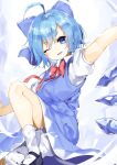  1girl absurdres ahoge black_footwear bloomers blue_bow blue_dress blue_eyes blue_hair blush bow bowtie cirno collared_shirt commentary_request dress foot_out_of_frame hair_between_eyes hair_bow highres ice ice_wings knee_up looking_at_viewer mary_janes one_eye_closed open_mouth outstretched_arms pocche-ex red_bow shirt shoes short_hair short_sleeves socks solo touhou underwear white_legwear white_shirt wings 