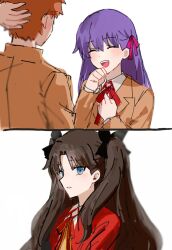  1boy 2girls arm_behind_head arm_up black_border black_bow blazer blue_eyes blush border bow brown_hair brown_jacket clenched_hands closed_eyes collared_shirt emiya_shirou fate/stay_night fate_(series) from_behind hair_between_eyes hair_bow hair_ribbon hand_on_own_chin hand_on_own_head hands_up heaven's_feel highres homurabara_academy_school_uniform jacket lapels laughing long_hair long_sleeves looking_at_another matou_sakura multiple_girls neck_ribbon nekwnek official_alternate_costume open_clothes open_jacket open_mouth orange_hair parted_bangs pink_ribbon purple_hair red_jacket red_ribbon ribbon school_uniform shirt short_hair simple_background smile teeth tohsaka_rin tongue two_side_up upper_body wavy_hair white_background white_shirt 
