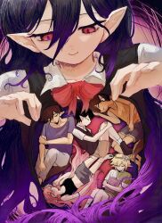  2girls 4boys alternate_eye_color animal_ear_fluff animal_ears ankle_socks aubrey_(faraway)_(omori) aubrey_(omori) bare_arms bare_legs bare_shoulders basil_(faraway)_(omori) basil_(omori) black_hair black_sweater_vest black_tank_top blonde_hair blue_hairband blue_shirt book bow bow_hairband bowtie breasts brother_and_sister brothers brown_hair brown_shorts brown_tail chinese_commentary closed_eyes closed_mouth commentary_request crossed_arms denim denim_shorts dot_nose double-parted_bangs fangs fetal_position film_grain fingernails flower flower_wreath full_body fur-trimmed_shorts fur_trim giant giantess gradient_hair green_shirt grey_pants grey_skirt hair_behind_ear hair_between_eyes hair_spread_out hairband halftone hands_on_own_knees hands_up head_wreath hero_(faraway)_(omori) hero_(omori) highres holding holding_book hugging_object hugging_own_legs jewelry kel_(faraway)_(omori) kel_(omori) kemonomimi_mode laola4869 long_hair looking_down lying mari_(faraway)_(omori) mari_(omori) midriff miniskirt monsterification multicolored_hair multiple_boys multiple_girls navel necklace omori on_back on_side orange_tank_top pants parted_lips pink_background pink_hair pointy_ears purple_hair red_bow red_bowtie red_eyes shirt short_hair short_sleeves shorts siblings simple_background skirt slit_pupils small_breasts smile socks sunny_(omori) sweater_vest t-shirt tail tank_top two-tone_hair u_u upper_body vampire very_long_hair very_short_hair white_flower white_shirt white_socks wolf_boy wolf_ears wolf_tail 