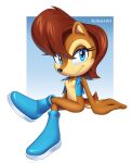  1girl animal_ears animal_nose artist_name blue_eyes blue_footwear blue_jacket boots brown_fur eyelashes furry highres jacket looking_at_viewer redhead s3tok41b4 sally_acorn simple_background solo sonic_(series) sonic_the_hedgehog_(archie_comics) tail white_background 