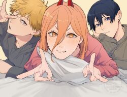 1girl 2boys bed_sheet black_hair blonde_hair blue_eyes chainsaw_man closed_mouth commentary_request cross-shaped_pupils demon_girl denji_(chainsaw_man) double_v earrings fang fang_out furrowed_brow grey_sweater hair_between_eyes hayakawa_aki head_on_hand highres horns jewelry light_blush long_hair lying multiple_boys okiba0 on_stomach one_eye_closed orange_hair parted_lips pillow pink_sweater power_(chainsaw_man) red_horns ribbed_sweater short_hair sleeves_past_wrists sweater symbol-shaped_pupils upper_body v yellow_eyes 
