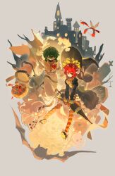  2girls absurdres ahoge bandaged_tail belt black_belt black_dress black_hat black_shoes black_swan_(e.g.o) blood blue_eyes bow bowtie bug commentary covered_mouth cross dog dress e.g.o_(project_moon) employee_(project_moon) facial_mark gloves green_hair halloween halloween_bucket hat heart_(organ) highres horns lobotomy_corporation long_sleeves multiple_girls nugget_(project_moon) orange_bow orange_gloves orange_pantyhose pantyhose petticoat polka_dot polka_dot_bow polka_dot_bowtie ppodae project_moon punishing_bird red_eyes red_hair regret_(e.g.o) shoes short_hair sleeve_bow spider straitjacket striped_clothes striped_pantyhose teardrop_facial_mark tombstone untranslatable_commentary witch_hat xinjinjumin_9427850 yellow_bow 