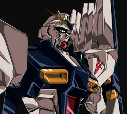  1980s_(style) 1990s_(style) absurdres char's_counterattack commentary_request earth_federation faux_retro_artstyle fin_funnels glint green_eyes gun gundam highres kds_(0049) machine_gun mecha mecha_focus mobile_suit no_humans nu_gundam retro_artstyle robot science_fiction space v-fin weapon 