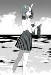  1girl absurdres aoki_ruri bangs blue_eyes blush clouds cloudy_sky collared_shirt dragon_girl dragon_horns fangs feet_out_of_frame gauze greyscale highres horns loafers long_legs long_sleeves looking_at_viewer looking_back medium_hair medium_skirt monochrome multicolored_eyes ocean open_mouth outdoors parted_bangs pink_eyes pleated_skirt ronbun ruri_dragon shirt shoes shoes_removed skirt sky sleeves_rolled_up slit_pupils solo splashing spot_color wading water 